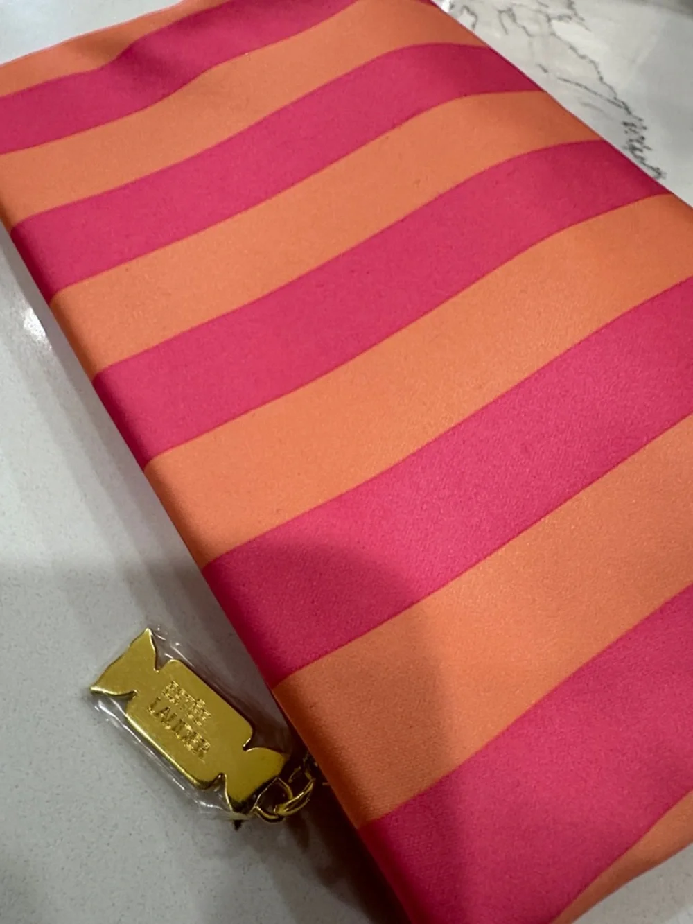 ESTEE LAUDER Pink Coral Striped Satin Pouch with Gold Hardware